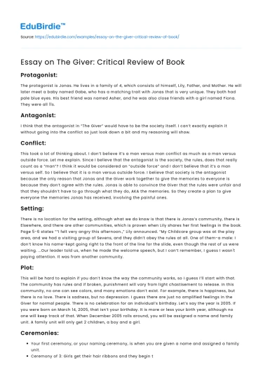 Essay on The Giver: Critical Review of Book