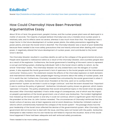 How Could Chernobyl Have Been Prevented: Argumentative Essay