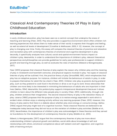 Classical And Contemporary Theories Of Play In Early Childhood Education
