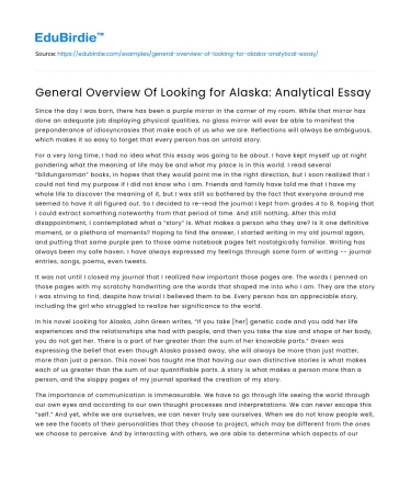 General Overview Of Looking for Alaska: Analytical Essay