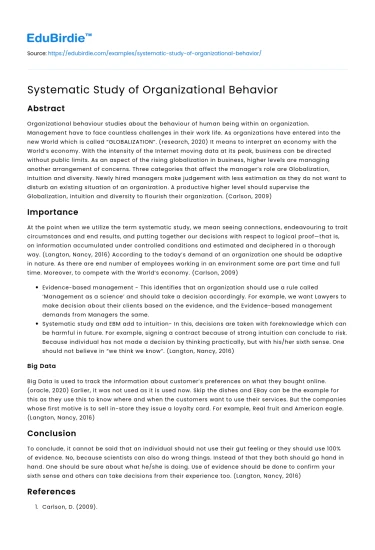 Systematic Study of Organizational Behavior