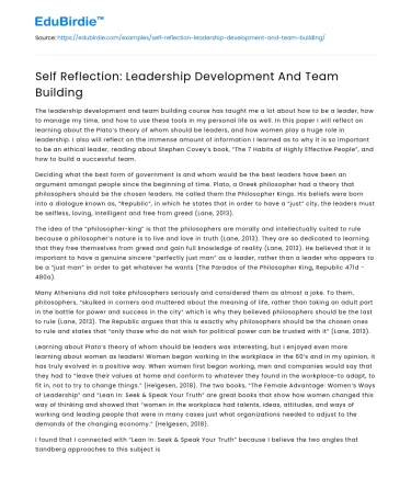 Self Reflection: Leadership Development And Team Building