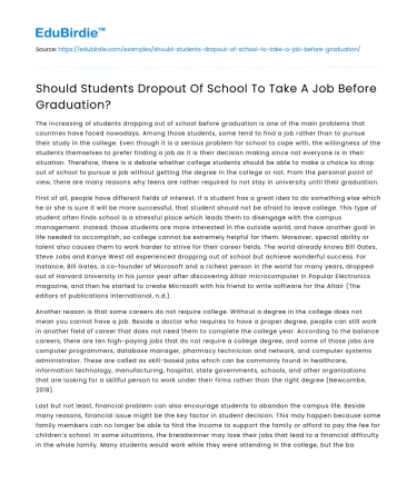 Should Students Dropout Of School To Take A Job Before Graduation?