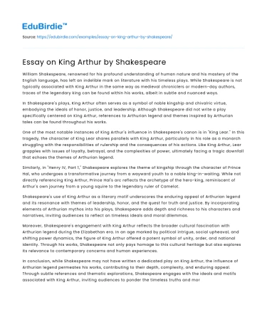 Essay on King Arthur by Shakespeare