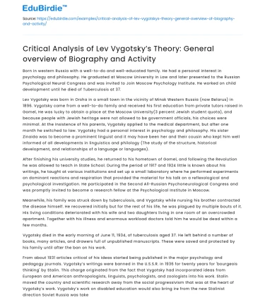 Analysis of Lev Vygotsky’s Theory: Biography and Activity