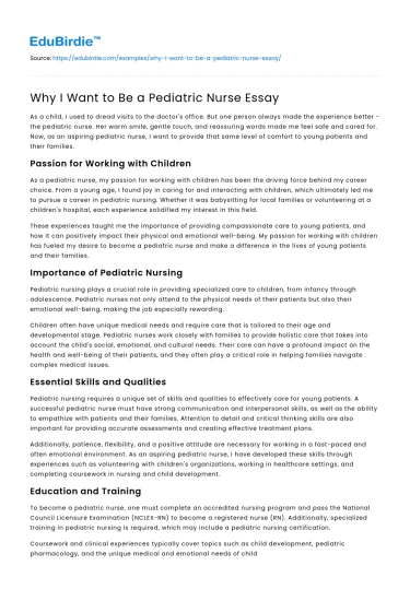 Why I Want to Be a Pediatric Nurse Essay