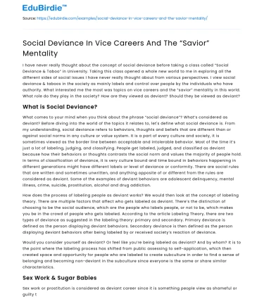 Social Deviance In Vice Careers And The “Savior” Mentality