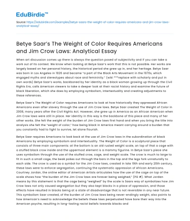 Betye Saar’s The Weight of Color and Jim Crow Laws: Analysis