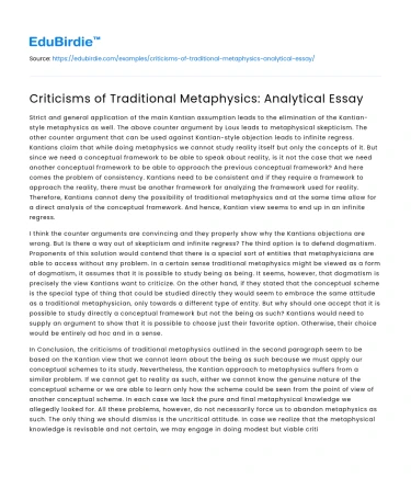 Criticisms of Traditional Metaphysics: Analytical Essay
