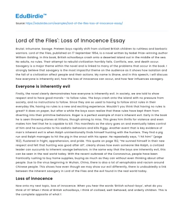 Lord of the Flies’: Loss of Innocence Essay