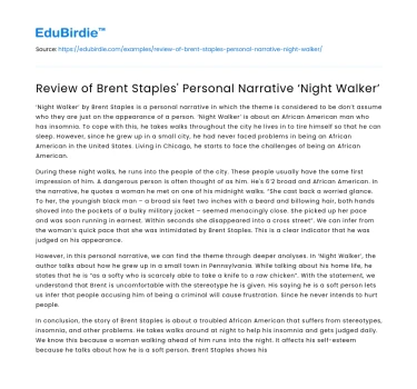Review of Brent Staples’ Personal Narrative ‘Night Walker’