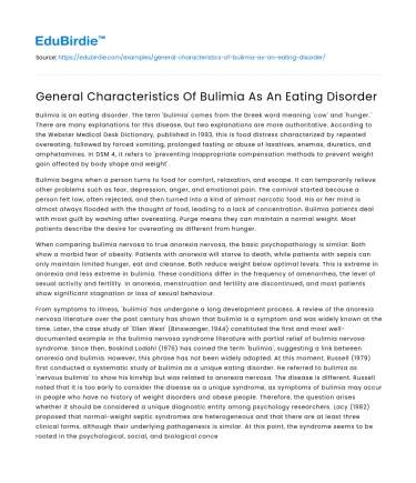 General Characteristics Of Bulimia As An Eating Disorder