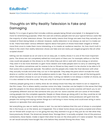 Thoughts on Why Reality Television Is Fake and Damaging