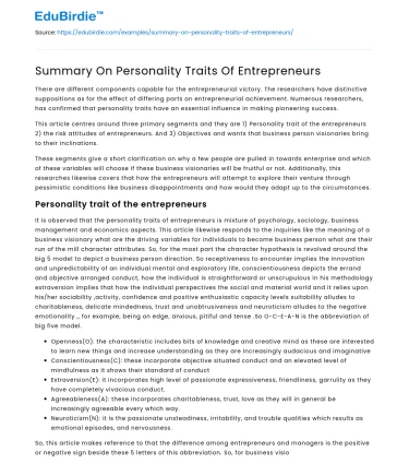 Summary On Personality Traits Of Entrepreneurs