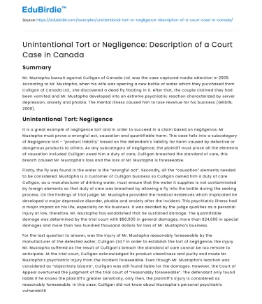 Unintentional Tort or Negligence: Description of a Court Case in Canada