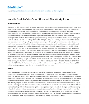 Health And Safety Conditions At The Workplace