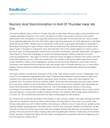 Racism And Discrimination In Roll Of Thunder Hear My Cry