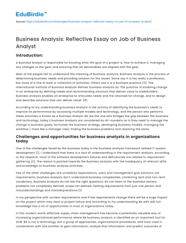 Business Analysis: Reflective Essay on Job of Business Analyst