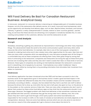 Impact of Food Delivery on Canadian Restaurants