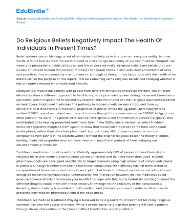 Impact of Religious Beliefs on Health in Modern Times
