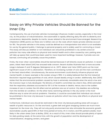 Essay on Why Private Vehicles Should Be Banned for the Inner City