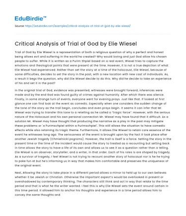 Critical Analysis of Trial of God by Elie Wiesel