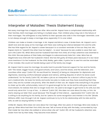 Interpreter of Maladies’ Thesis Statement Essay