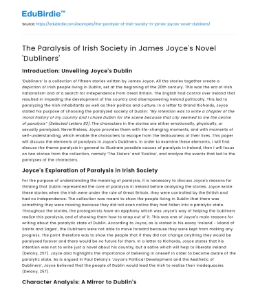 The Paralysis of Irish Society in James Joyce’s Novel ‘Dubliners’