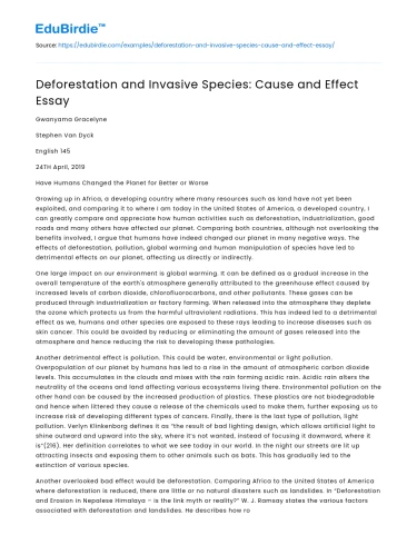 Deforestation and Invasive Species: Cause and Effect Essay