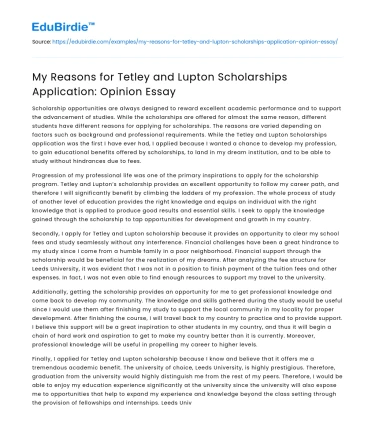 My Reasons for Tetley and Lupton Scholarships Application
