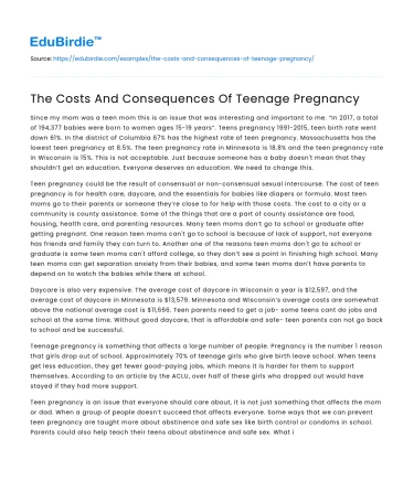 The Costs And Consequences Of Teenage Pregnancy