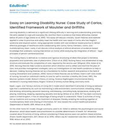 Case Study: Learning Disability Nurse and Moulster and Griffiths Framework
