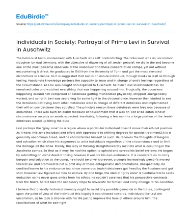 Individuals in Society: Portrayal of Primo Levi in Survival in Auschwitz