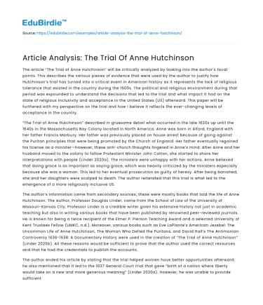 Article Analysis: The Trial Of Anne Hutchinson