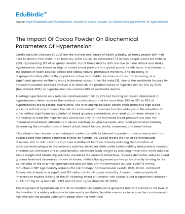 The Impact Of Cocoa Powder On Biochemical Parameters Of Hypertension