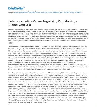 Heteronormative Versus Legalising Gay Marriage: Critical Analysis