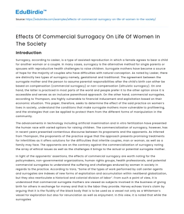 Effects Of Commercial Surrogacy On Life Of Women In The Society