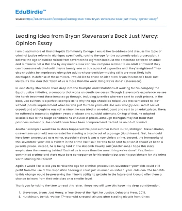 Leading Idea from Bryan Stevenson’s Book Just Mercy: Opinion Essay