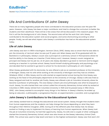 Life And Contributions Of John Dewey