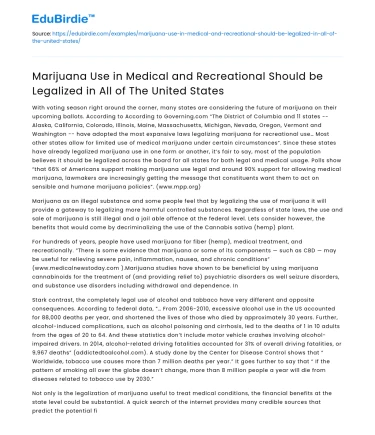 Legalize Marijuana Use for Medical and Recreational Purposes in the US