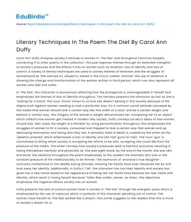 Literary Techniques In The Poem The Diet By Carol Ann Duffy