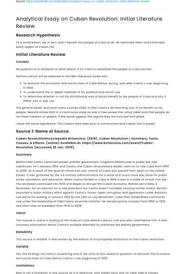 Analytical Essay on Cuban Revolution: Initial Literature Review