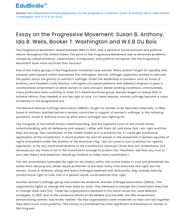 Progressive Movement: Anthony, Wells, Washington, Du Bois