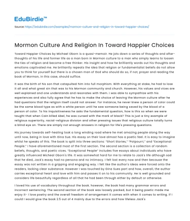 Mormon Culture And Religion In Toward Happier Choices