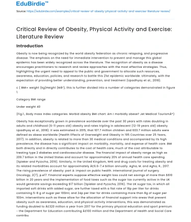 Critical Review of Obesity, Physical Activity, and Exercise