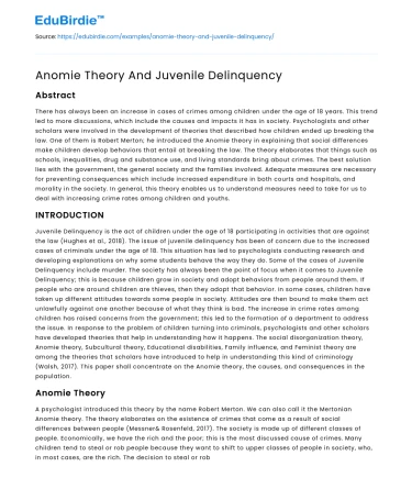 Anomie Theory And Juvenile Delinquency
