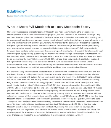Who Is More Evil Macbeth or Lady Macbeth: Essay