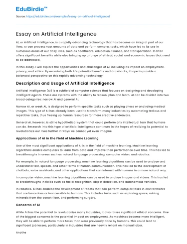 Essay on Artificial Intelligence