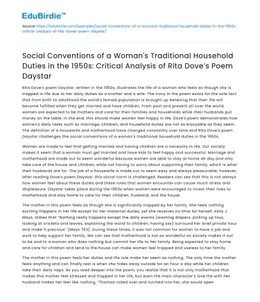 1950s Woman’s Traditional Household Duties in Rita Dove’s Daystar