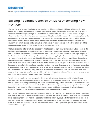 Building Habitable Colonies On Mars: Uncovering New Frontiers